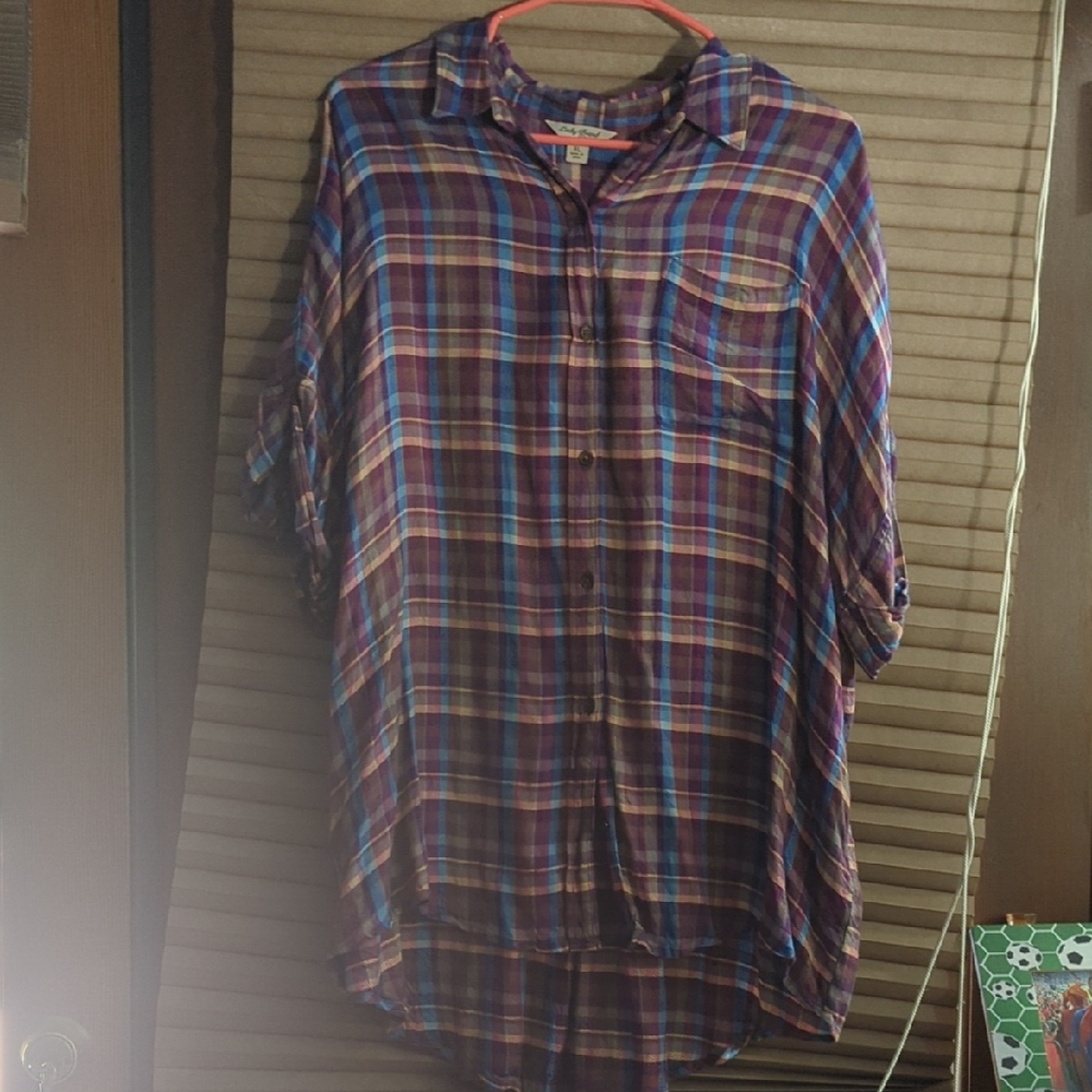 Lucky Brand Plaid Oversized Short Sleeve Lightweight Women's Shirt Blouse XL